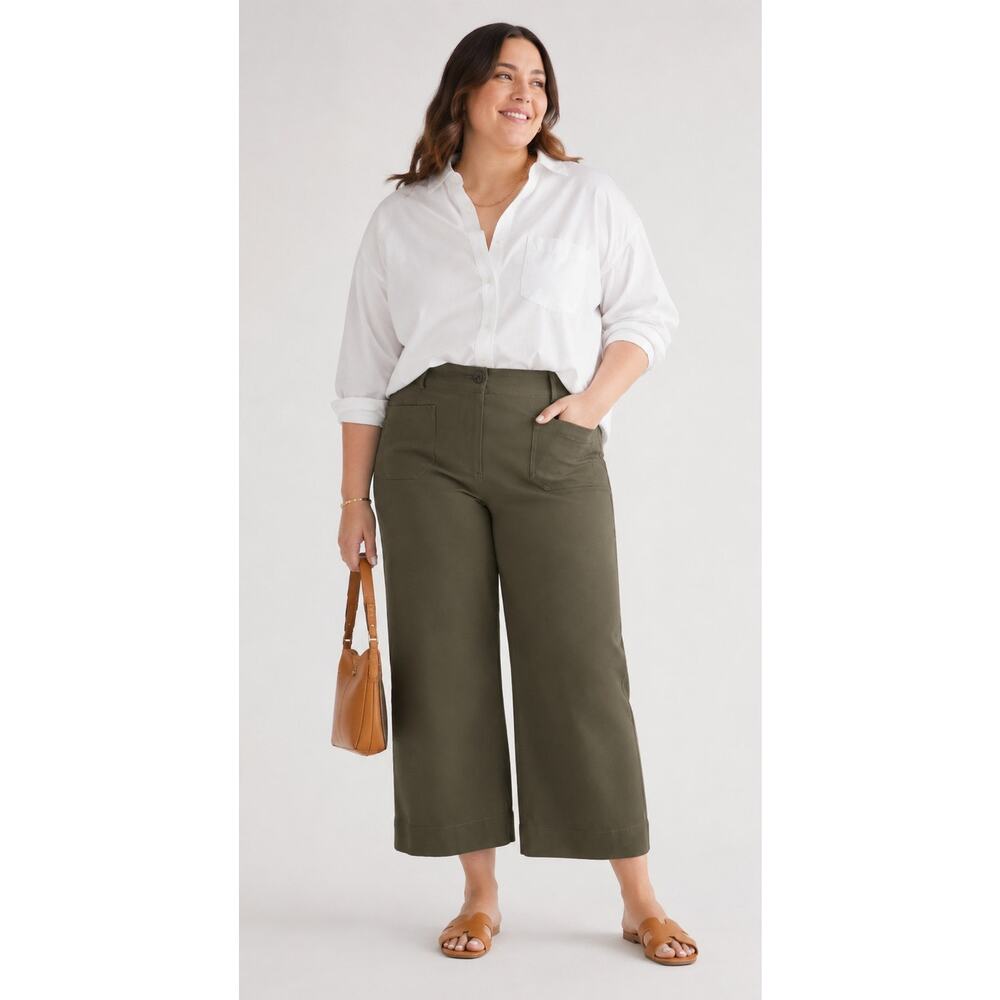 Quince Ultra Stretch Ponte Cropped Wide Leg Pant Olive Green Size 16